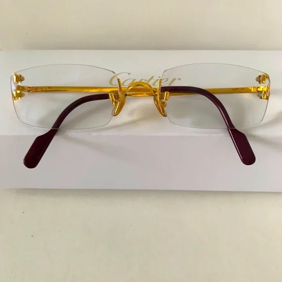 Cartier C Decor 22 K 135 Gold Plated and Burgundy Rectangle Rimless Eyewear - Picture 8 of 8